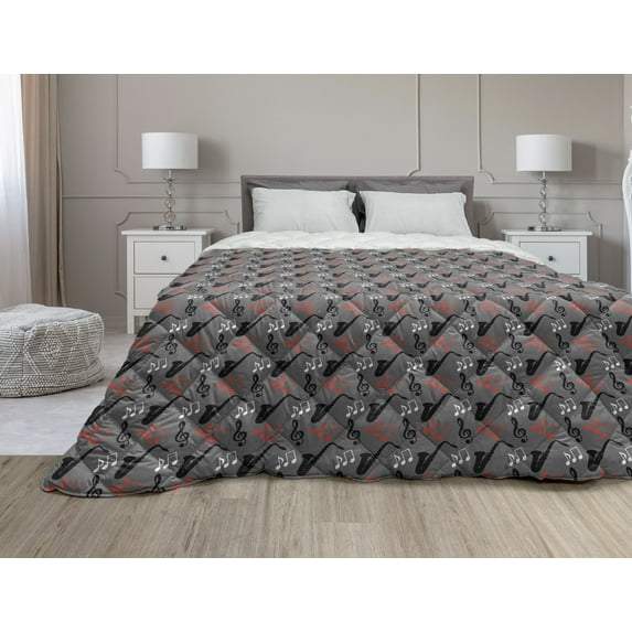 Jazz Music Down Alternative Comforter, Musical Instruments Pattern with Big Orchestra Drums Piano Guitar Accordion, Microfiber Quilt for All Season, 5 Sizes, Multicolor, by Ambesonne