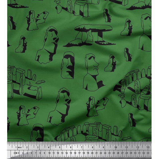 Soimoi polyester Crepe Fabric Easter Island Statue Face Decor Fabric Printed Yard 42 Inch Wide