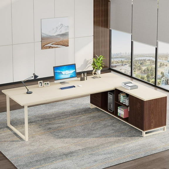 Tribesigns 70.8" L-Shaped Executive Desk with 55" File Cabinet, Modern L-Shaped Computer Desk with Storage Shelves and Cabinet for Home Office, Beige & Walnut