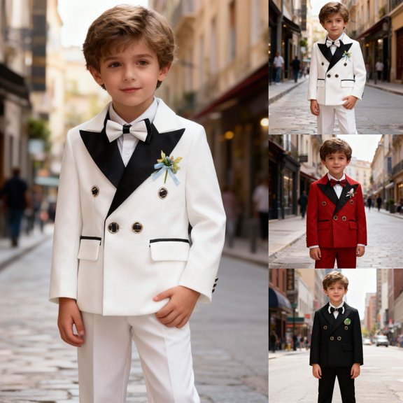 Toddler Boy Outfits Formal Suit Set with Blazer Shirt Pants Bow Tie and Boutonniere 5Pc Boys' Clothing Sets Black 5-6 Years