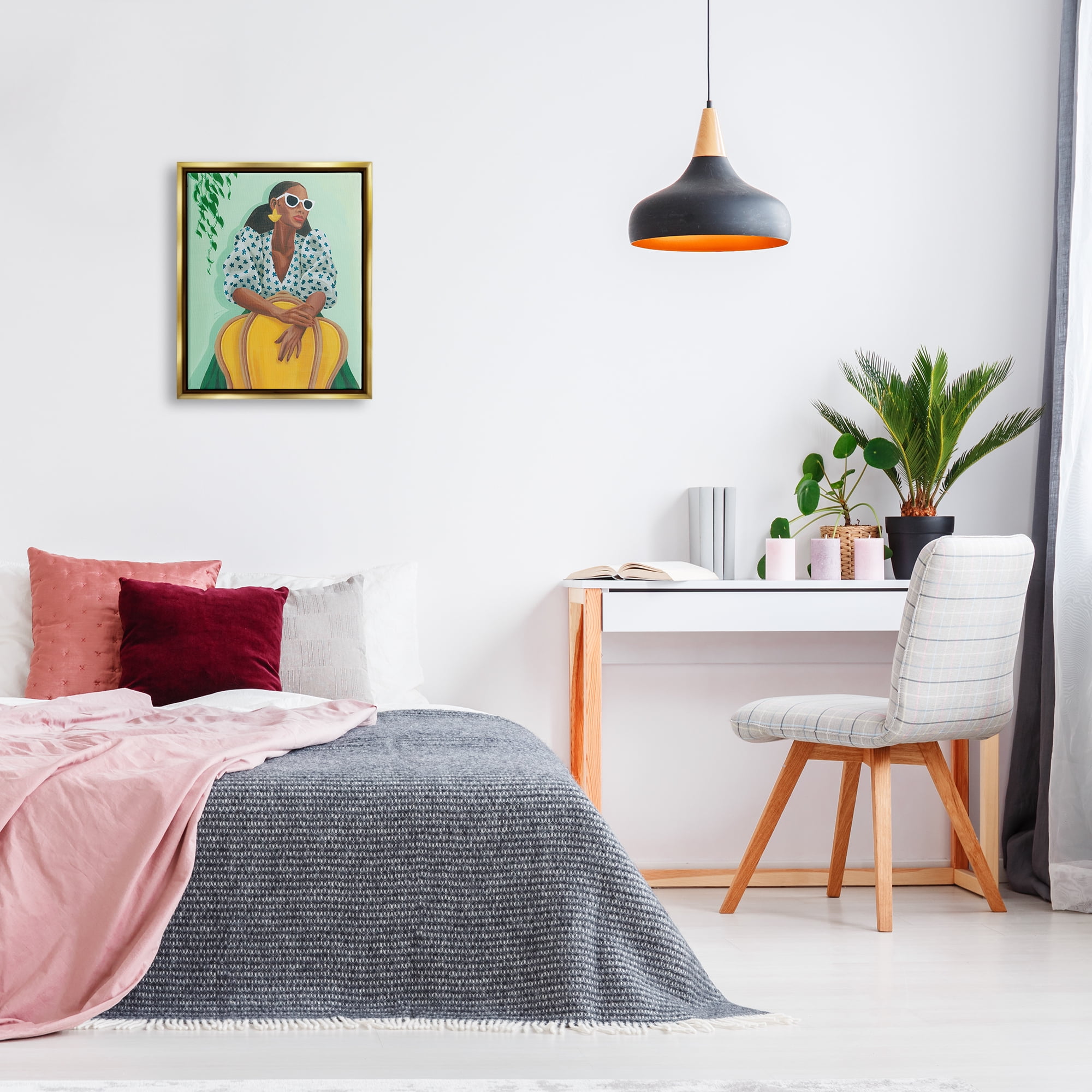 Stupell Stylish Woman Trendy Portrait Beauty & Fashion Painting Gold Floater Framed Art Print Wall Art