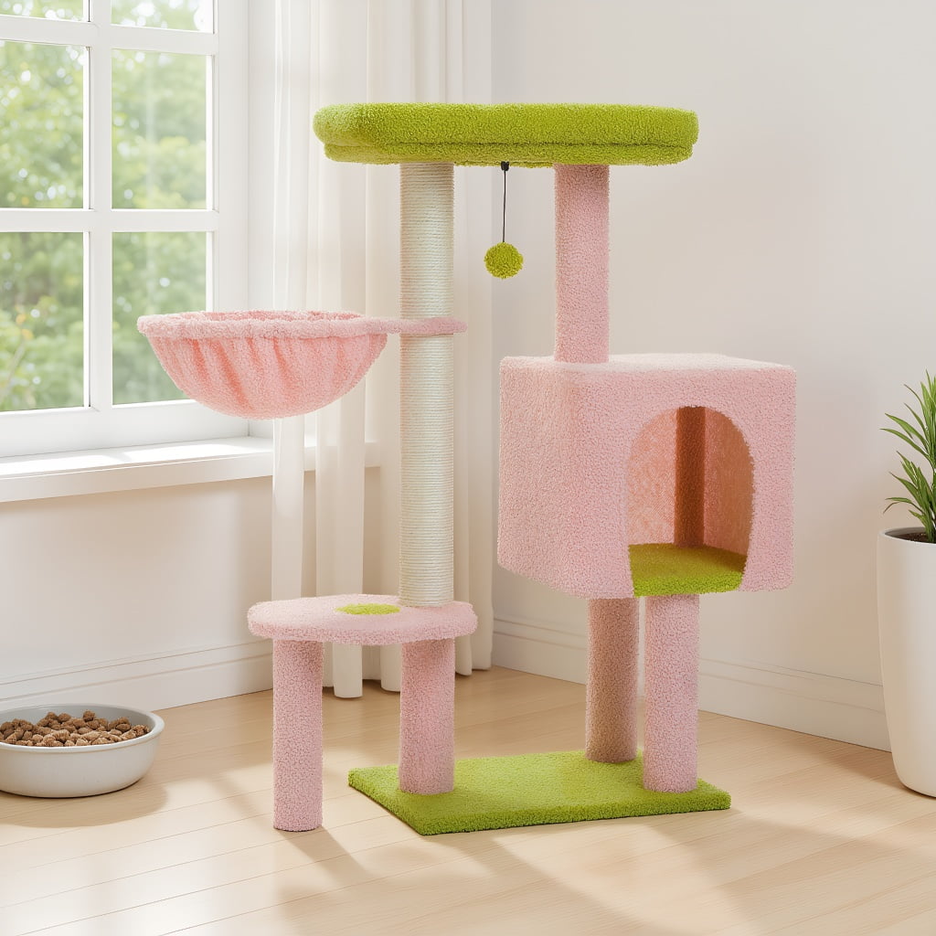 Pefilos 35.4" Flower Cat Tree Tower for Indoor Cats w/Large Top Bed, Comfy Hammock for Kittens, Cat Scratching Post and Dangling Ball, Pink