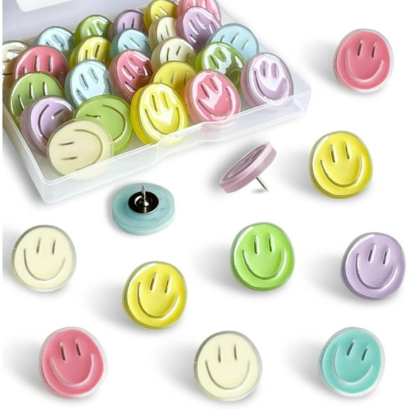 Smiley Face Decorative Push Pins, Cute Bulletin Board Push Pins, Thumbtacks for Cork Boards, Office Organization, or Home Décor (24Pcs-Jelly Color)