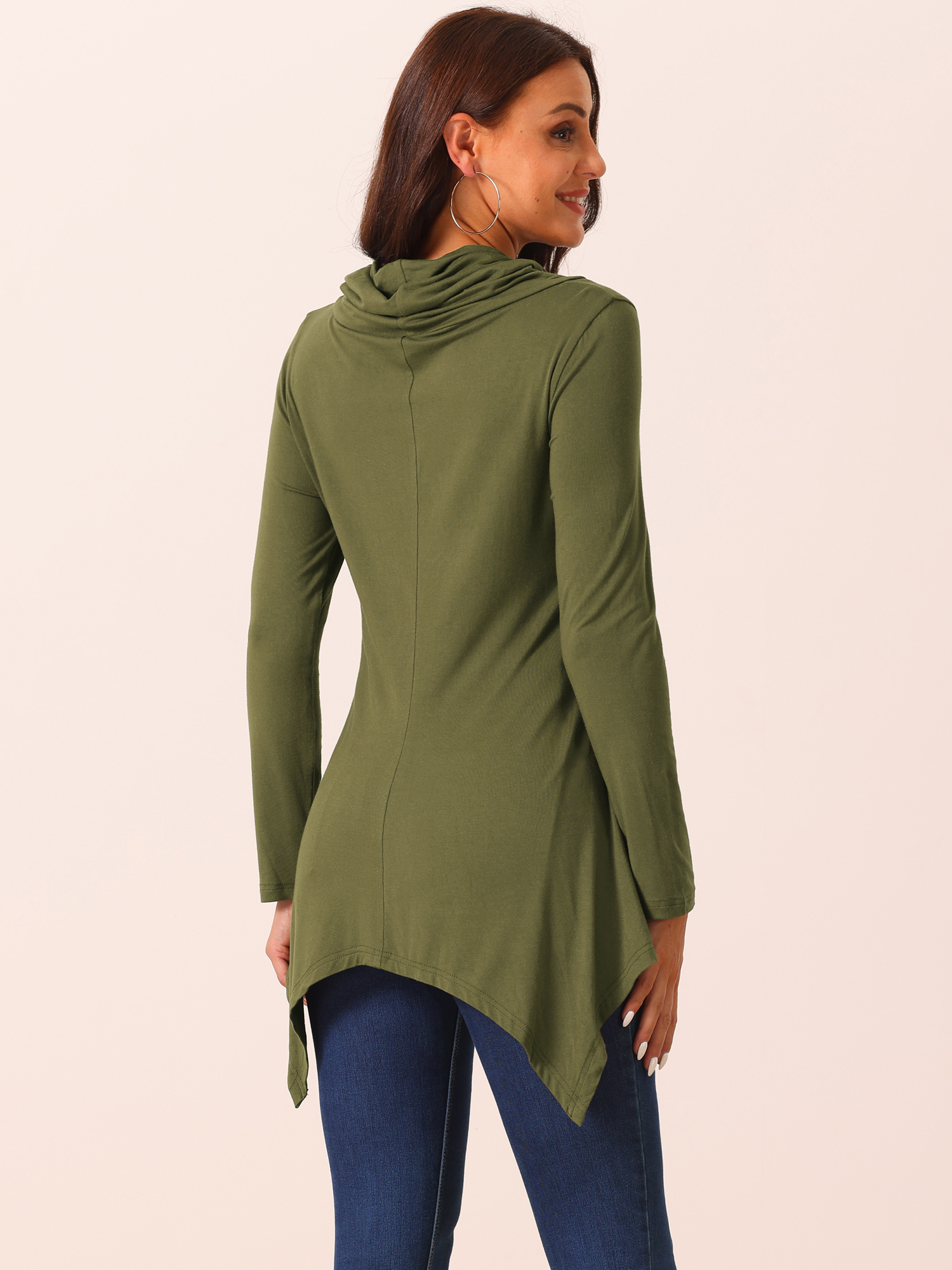 DARING DIVA Women's Cowl Neck Asymmetrical Hem Tunic Tops with Pockets Army Green L