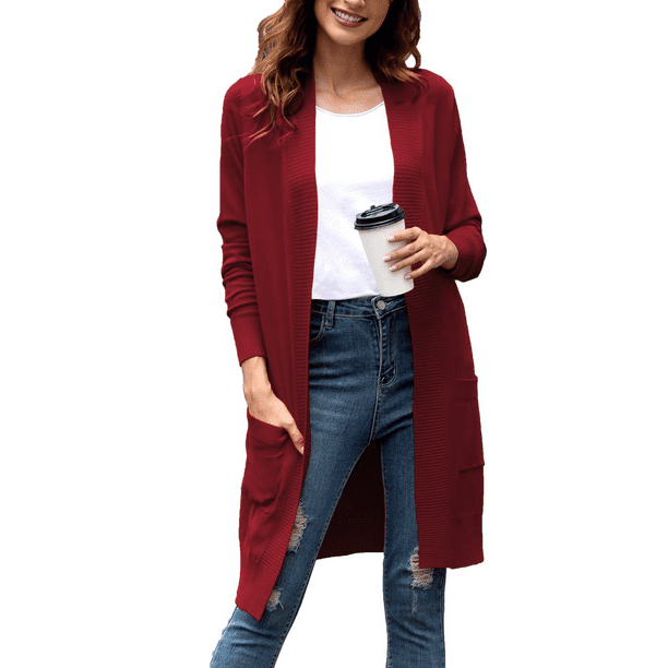 VOIANLIMO Women's Long Sleeve Open Front Casual Knit Long Cardigan 