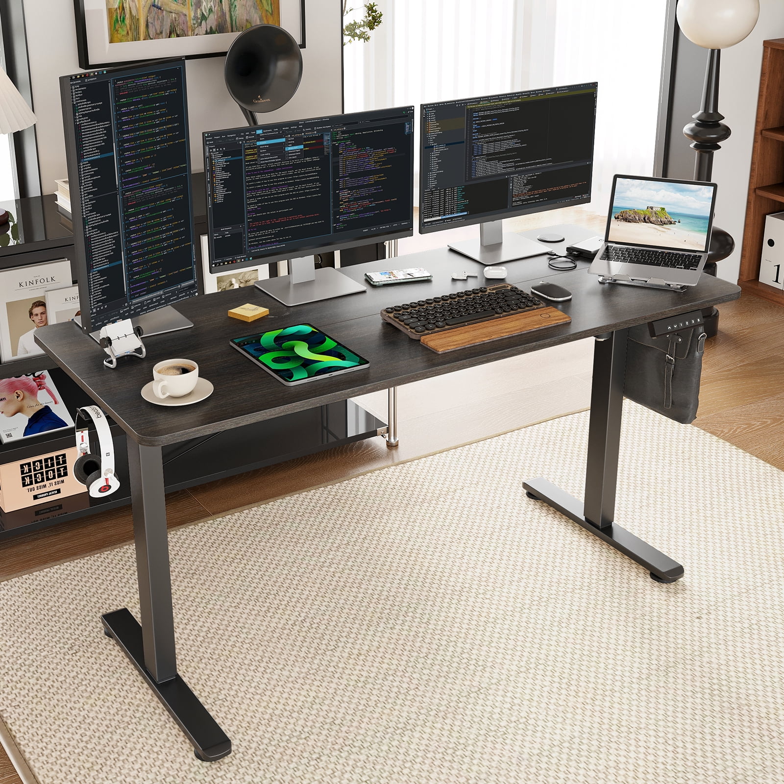 Farini Adjustable Standing Desk for Home Office, 55"x24" Electric Sit-Stand Desk with Splice Board, Walnut