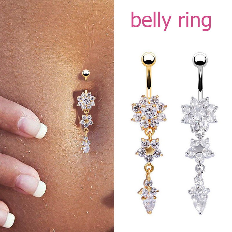 Beauty Navel Belly Button Rings Bar Crystal ~Flower Dangle Body Piercing Jewelry