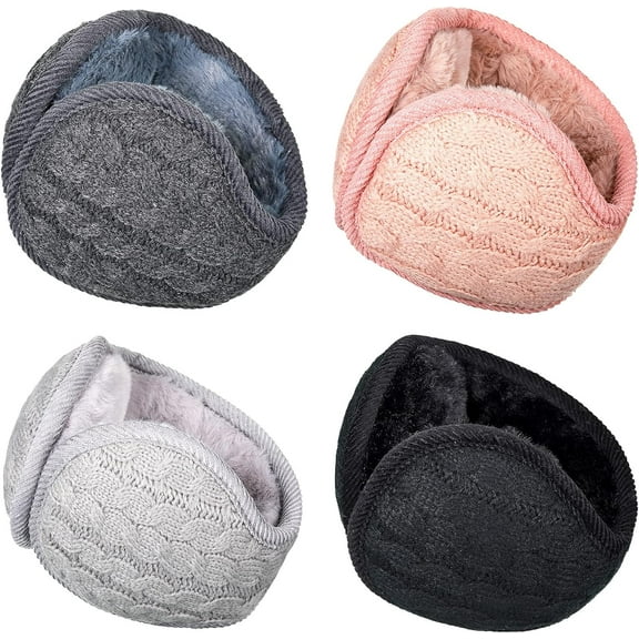 4 Pieces Unisex Warm Knit Earmuffs Furry Fleece Winter Ear Muffs Foldable Ear Covers Soft Pure Color Ear Warmer for Women Men Outdoor Activities