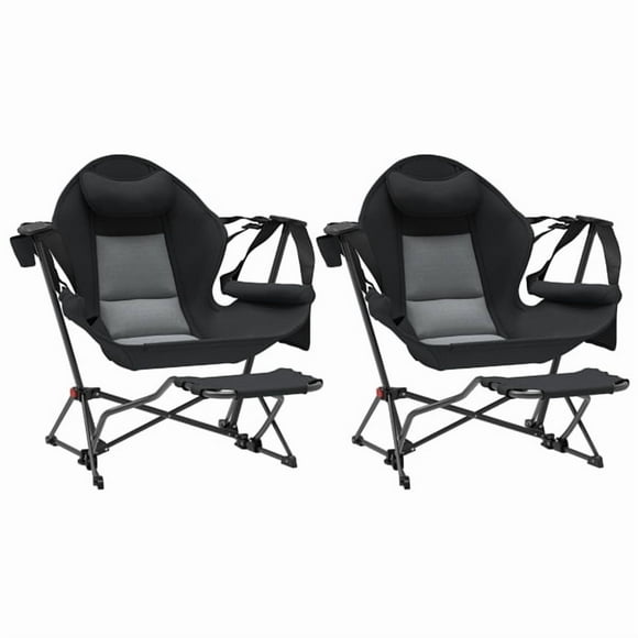 Camping Chair with Footrest, Foldable Portable Rocking Chairs for Adults Outside Swinging Camp with Cup Holder Pillow for Outdoor Patio Poolside (Black)