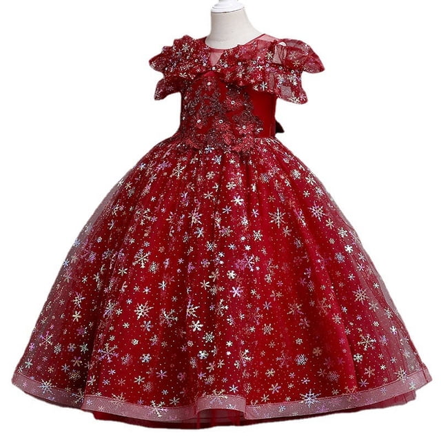 Regalo de cumpleaños para fiesta de Navidad para niña, falda poncho, lazo de encaje con copo de nieve, multicapa, adecuado para una altura de 120 cm / 4 ", edad de 5 a 6 años