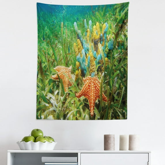 Starfish Tapestry, Underwater Marine Life with Colorful Sponges and Starfish Surrounded by Seagrass, Fabric Wall Hanging Decor for Bedroom Living Room Dorm, 5 Sizes, Multicolor, by Ambesonne