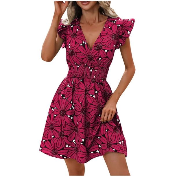 Vestido Corto de Verano Cintura Cinchado Gran Impresión de Flores sin Mangas, Vestido de Verano Sexy Y Informal
