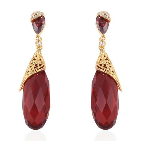 Tear Drop Dangle Earrings Goldtone Red Glass Cubic Zirconia CZ Jewelry for Women