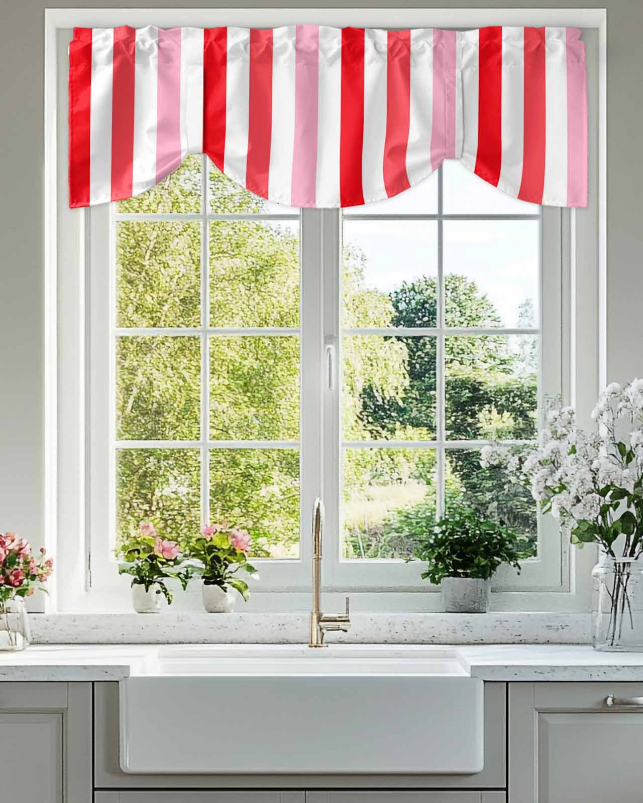 Red Pink Ombre Stripes Tie Up Valances Curtain, Adjustable Kitchen Minimalist Abstract Vertical Striped Valances for Windows Decor, Rod Pocket Short Curtains Set for Bedroom/Bathroom, 54"x18"