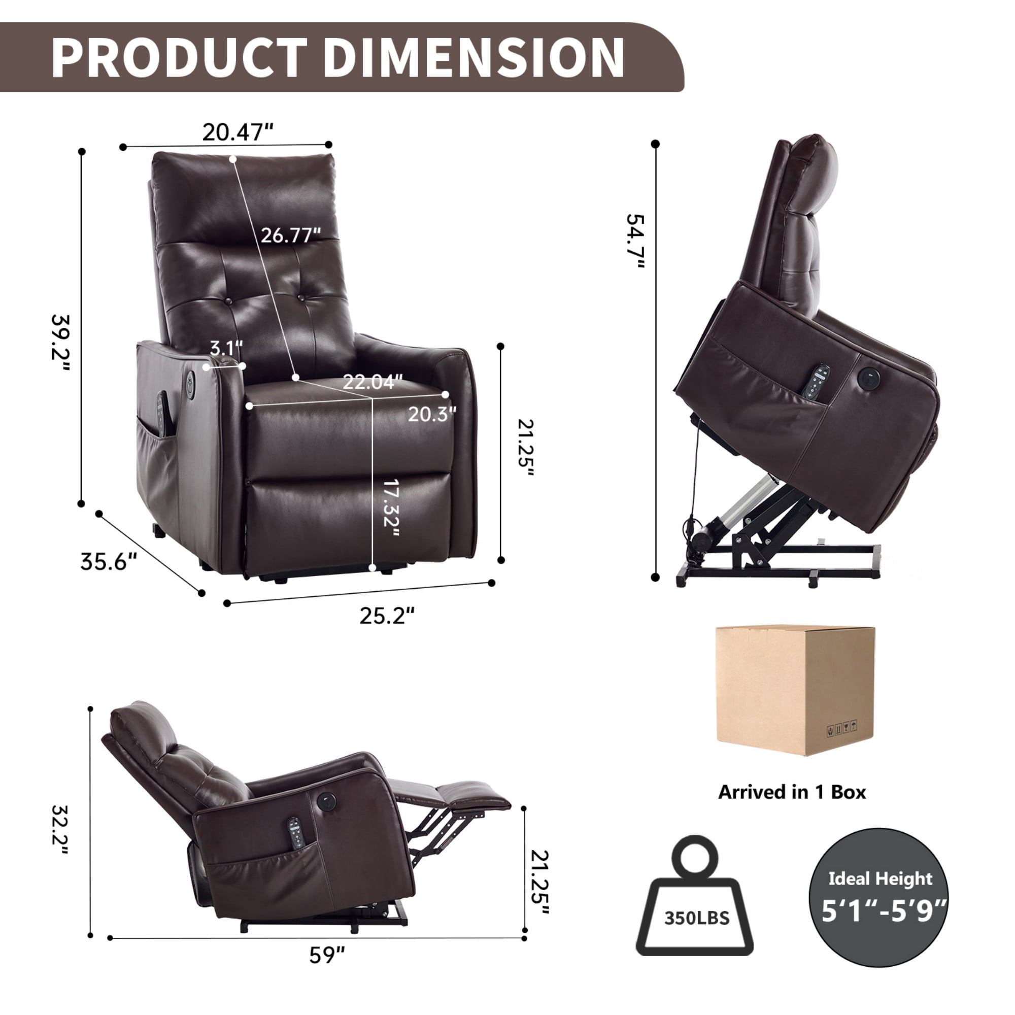 Aukfa Leather Power Lift Recliner Chair for Elderly, Single Motor Electric Chair with Massage, Heat & USB Charging Port, Dark Brown