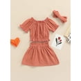 thumbnail image 5 of Chollius 3pcs Baby Girls Summer Set Solid Color Boat-neck Button Short Sleeve Tops Elastic High Waist Skirt Bow Headband, 5 of 8