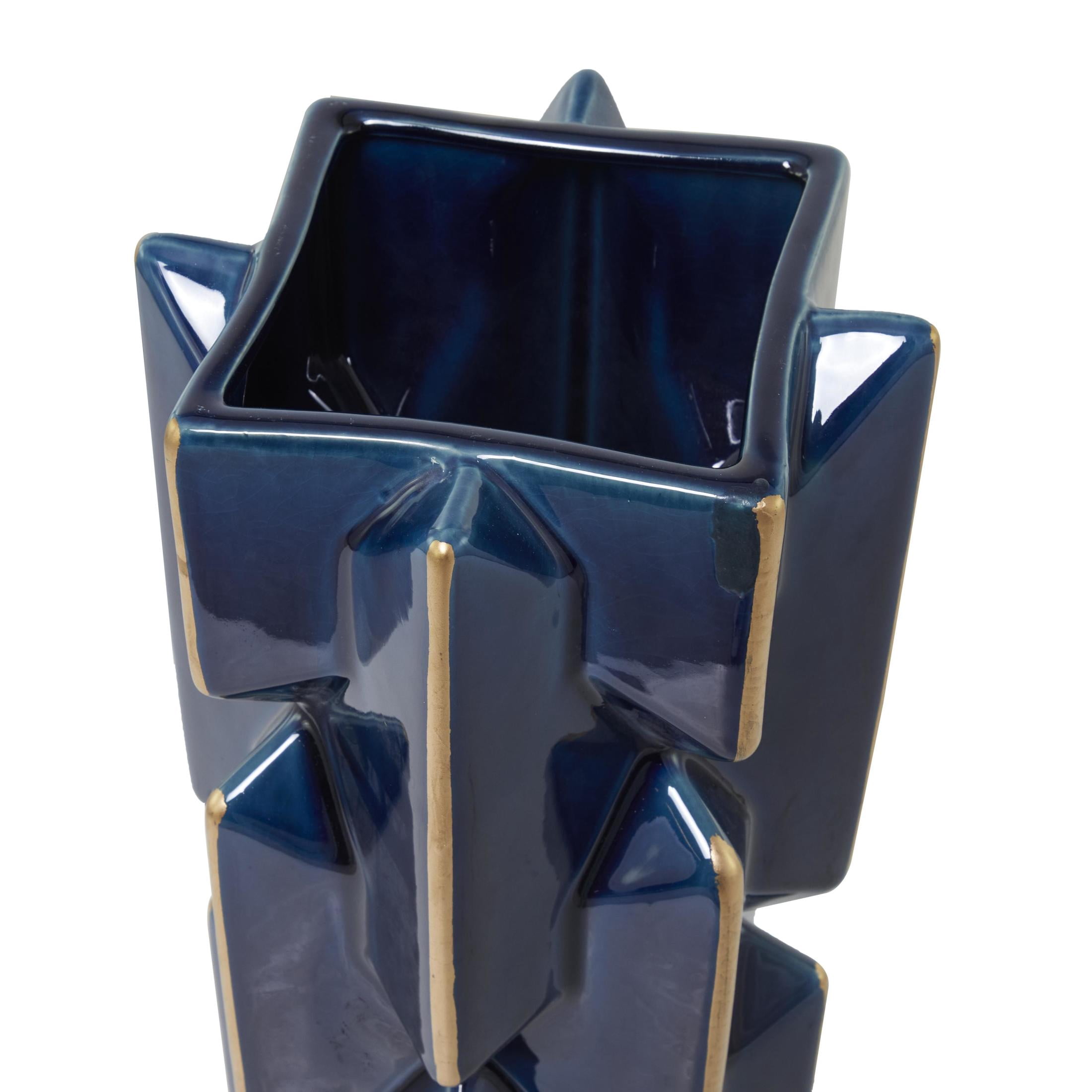 DecMode 27" Faceted Teal Ceramic Vase with Gold Accents