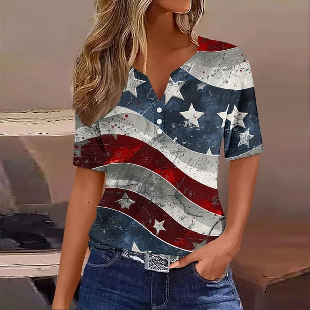 Fiudx Liquidación de Ofertas Flash Blusa de Manga Corta Estampada a La Moda para Mujer, Blusas Informales con Cuello En V
