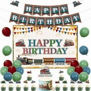 Retro Train Birthday Party Decorations, Vintage Train Happy Birthday Backdrop Banner Cake Topper Railway Steam Train Cupcake Toppers Retro Blue Green Balloons for Transportation Theme Party