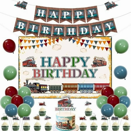 Retro Train Birthday Party Decorations, Vintage Train Happy Birthday Backdrop Banner Cake Topper Railway Steam Train Cupcake Toppers Retro Blue Green Balloons for Transportation Theme Party