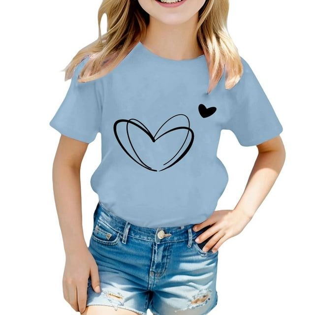T-shirts pour Filles Imprimés Manches Courtes Col Rond Vêtements d'Été pour Adolescentes 3-4 Ans