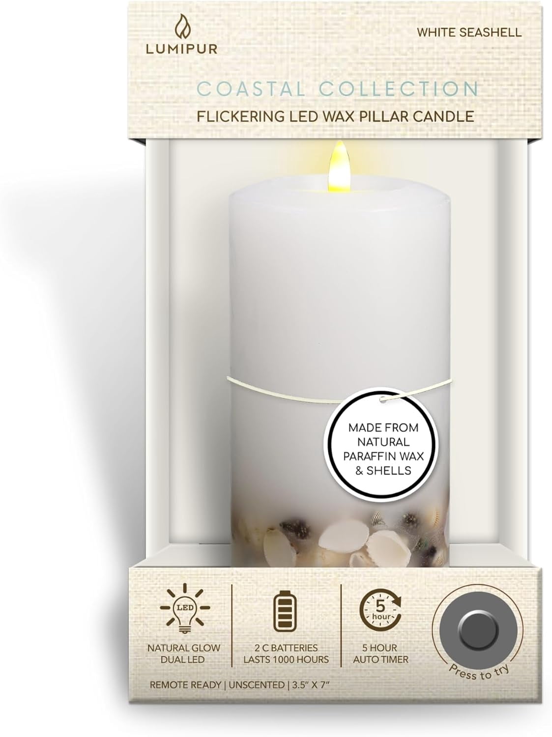 LUMIPUR Signature Coastal Collection Natural Glow Flickering Flameless LED Wax Pillar Candle with Seashell Embed (White, 3.5" x 7")