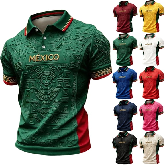Zimjoy Men's Mexico Soccer Jersey Shirt 2026 World Soccer Game National Team 2D Graphic Collared Short Sleeve Polo Shirts Dark Green L