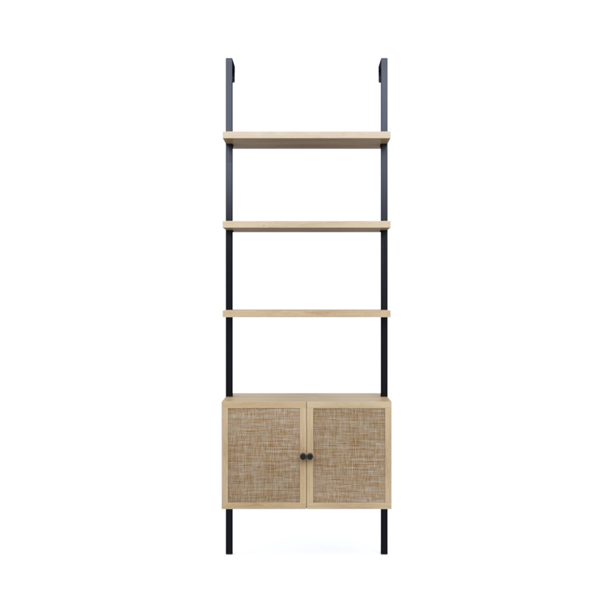 Nathan James Theo Open Shelf Bookcase with Rattan Drawers in Light Oak Wood and Matte Black Frame