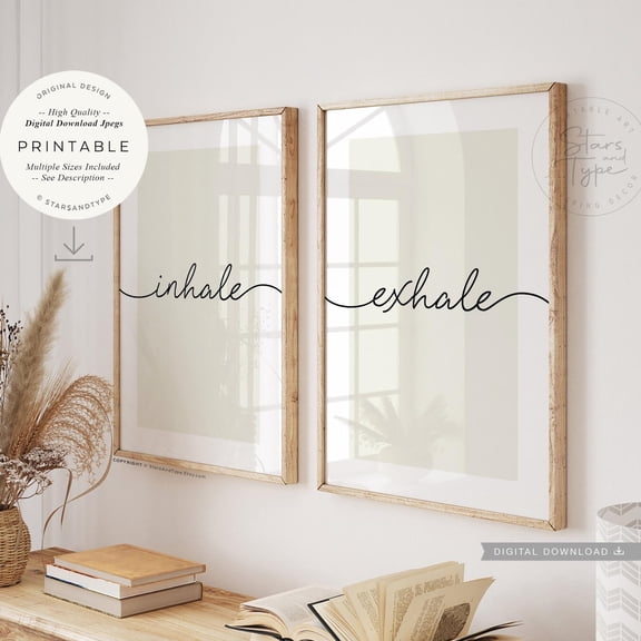 UNFFRAMED Inhale Exhale, Wall Art Set Of 2, Zen Yoga Pilates Relaxation Breathe Bedroom Office Decor, Print Jpegs Set 2 Prints 8x12