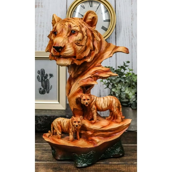 Large Bengal Tiger Bust Statue 11.75"Tall Faux Wood Resin Tiger Family In Jungle