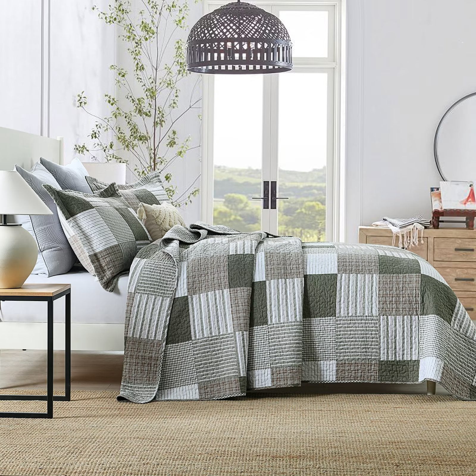 Bedduvit Queen Size Quilt Set - 100% Cotton Green/Moonbeam Patchwork Plaid Queen Size Quilt Bedspread, Farmhouse Lightweight Winter Fall Comforter Set/Bedding Set for All Season, 3-Piece (98"x90")