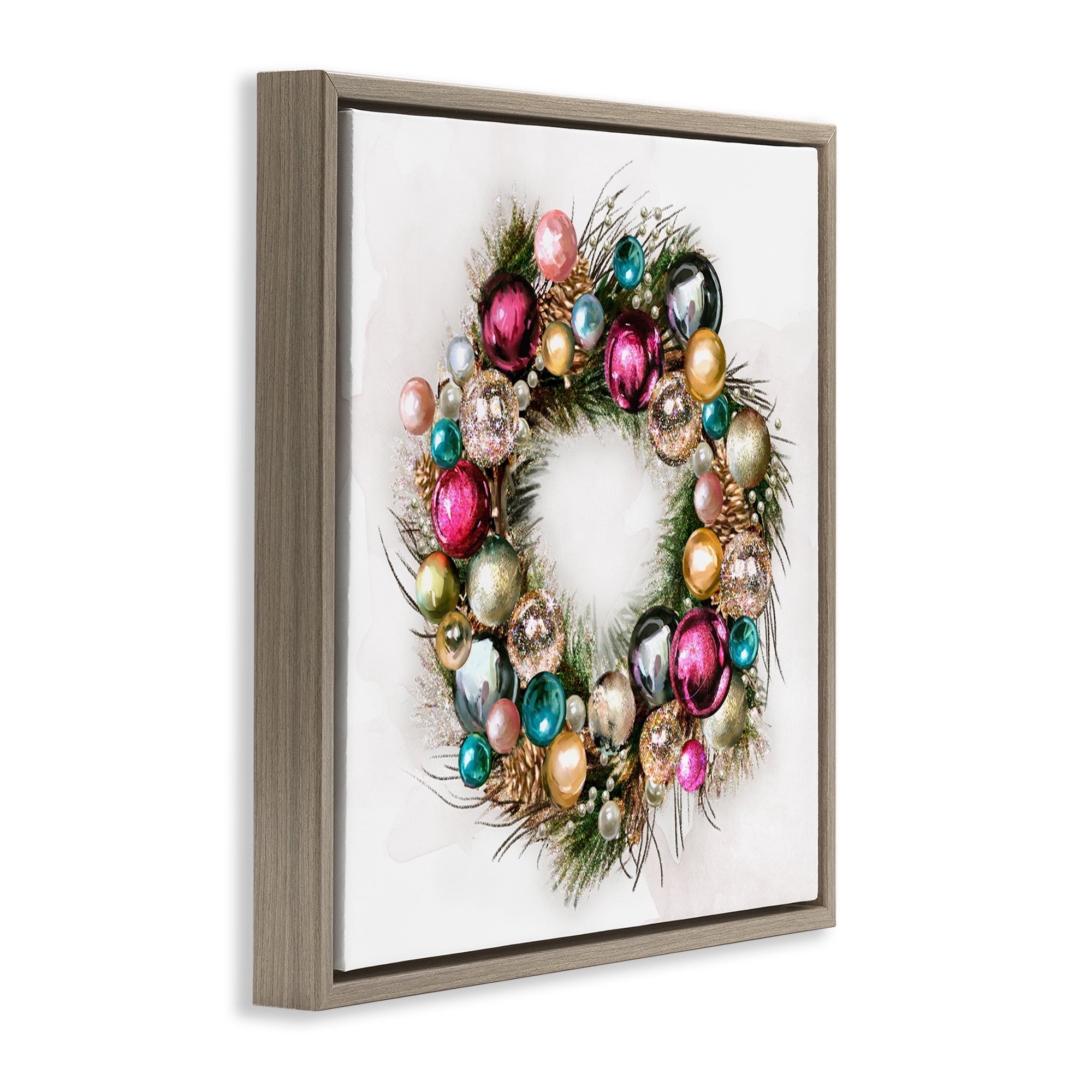 Stupell Industries Festive Ornamental Wreath Holiday Painting Brown Floater Framed Canvas Art Print Wall Art, 18 x 18
