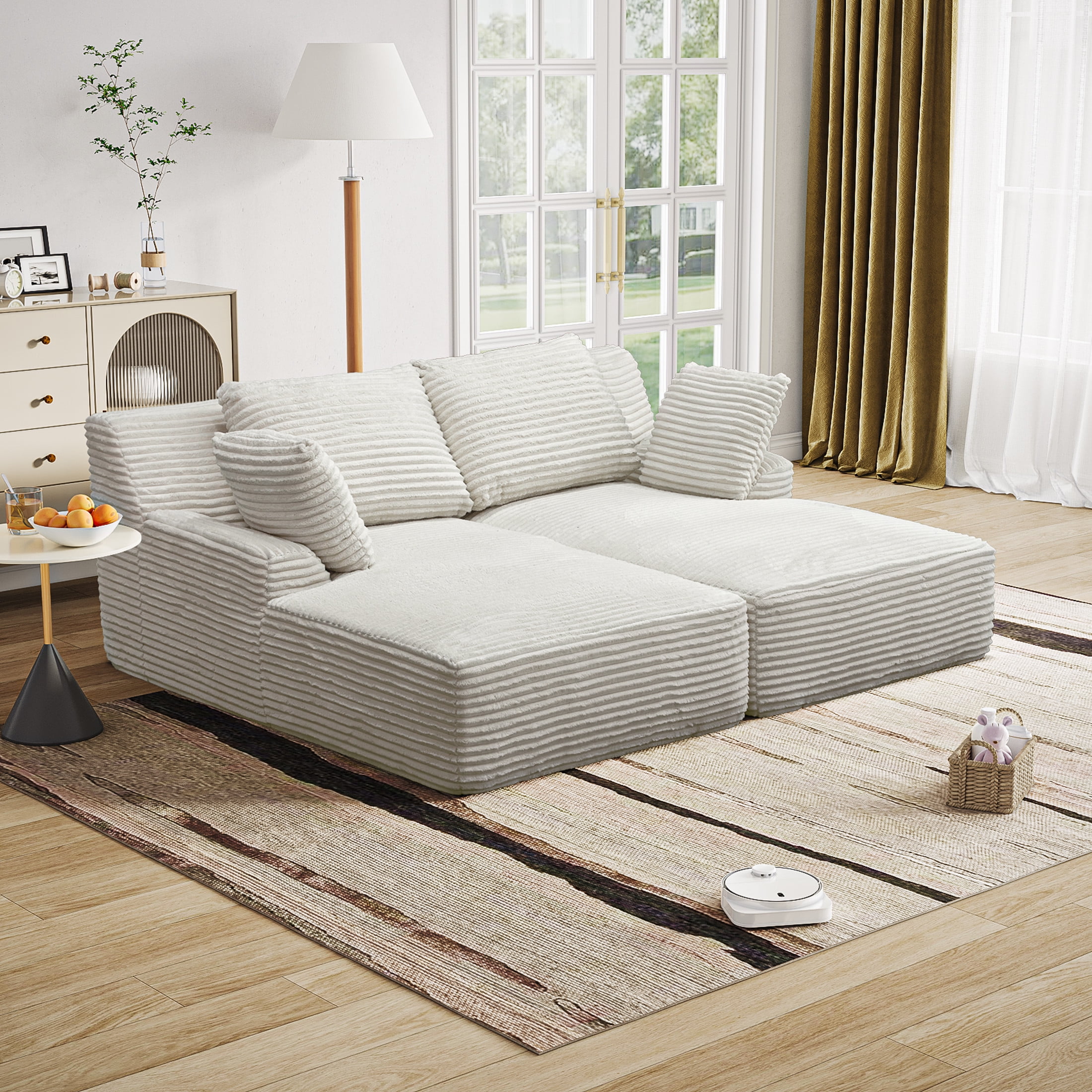 Noble House Elley 77.8" Oversized Double Chaise Lounge, Cloud Plush Corduroy Sleeper Chair with Pocket Springs, Beige