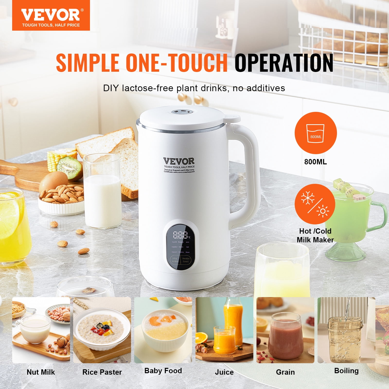 KFFKFF Nut Milk Maker 9-in-1 Soy Milk Maker 8-Leaf Blades 800ML 1-18 Hours Timer