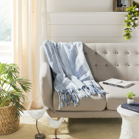SAFAVIEH Brenton Striped Plush Fringe Throw, 50" x 60", Blue/White