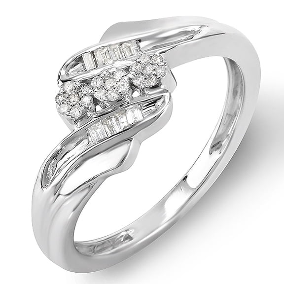 Dazzlingrock Collection 0.16 Carat (ctw) Sterling Silver Round & Baguette Diamond Ladies 3 Stone Concept Cocktail Right Hand Promise Ring 1/6 CT, Size 7