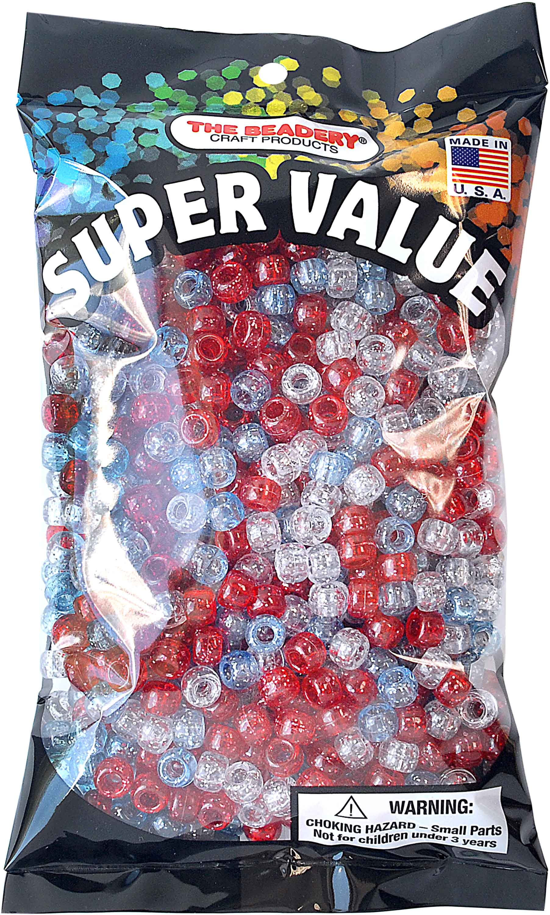 The Beadery Patriotic Pony Beads, Red, White, & Blue. Sparkle. 4500 Beads