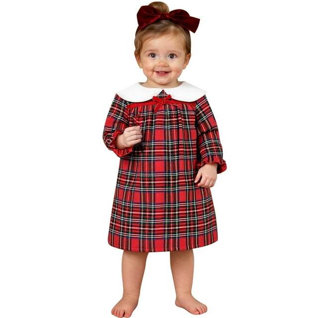 MIASHUI Robe Tournoyante à Carreaux à Manches Longues pour Filles, Douce, Tenue de Fête avec Poches pour Tout-Petits, Occasions Décontractées Formelles, Rouge, 18-24 Mois