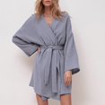 thumbnail image 4 of WZXFASHION Robe d'Intérieur pour Femmes, Couleur Unie, Col en V, Manches Longues, à Lacets, Grande Taille, Douce et Confortable, Style Décontracté, Chemise de Nuit, Vêtements de Nuit pour Femmes, Gris G, 4 of 9