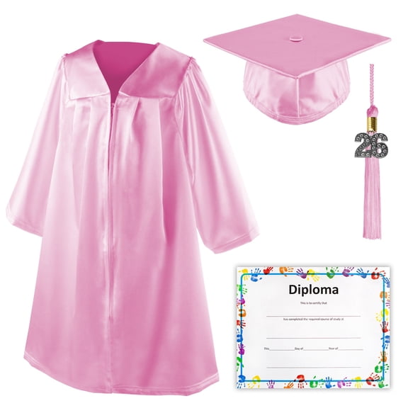 Class Act Graduation Shiny Kindergarten Preschool Graduation Cap & Gown with Matching Bling Tassel and Diploma Certificate, Pink