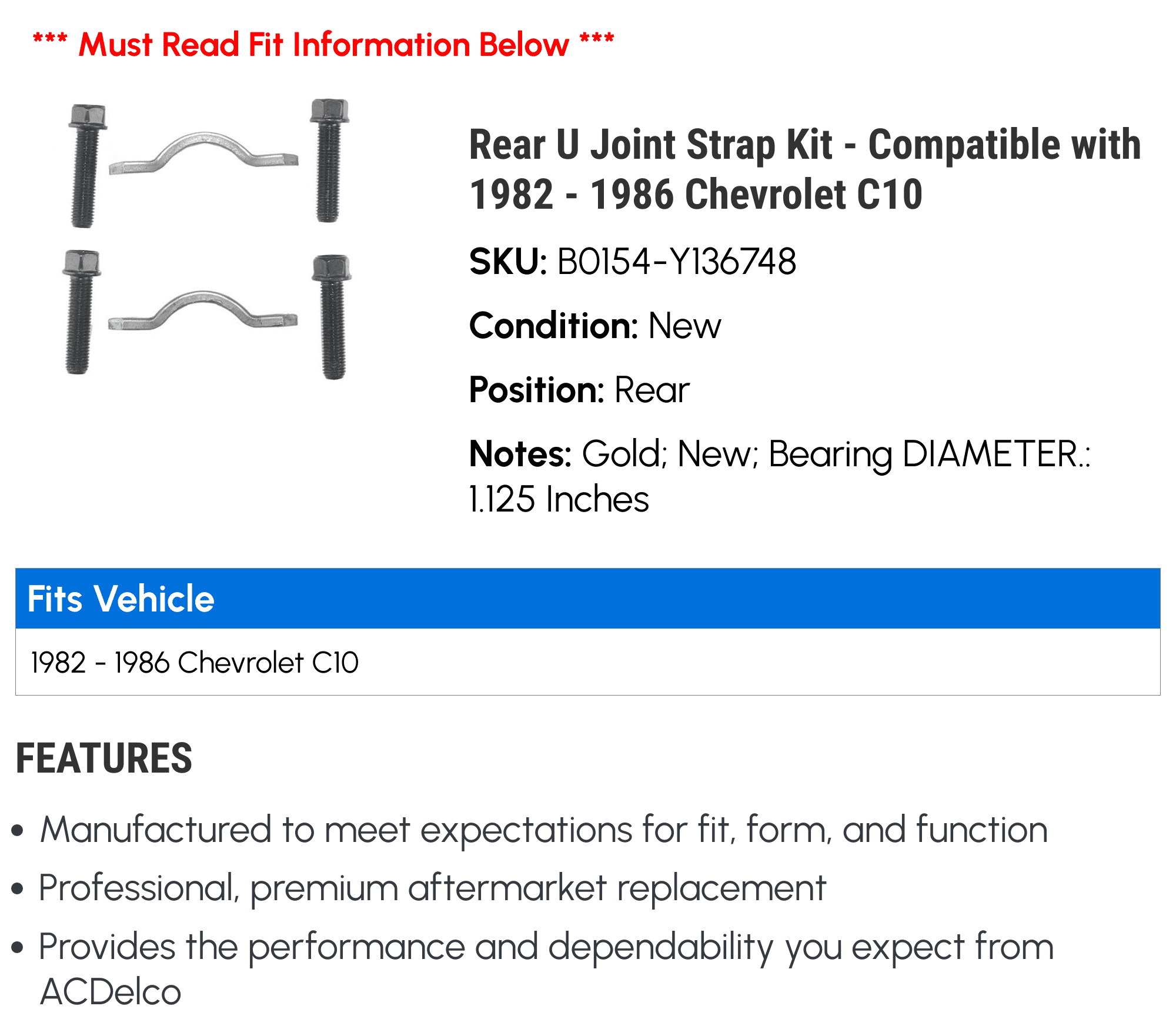 Rear U Joint Strap Kit - Compatible with 1982 - 1986 Chevrolet C10 - AC Delco