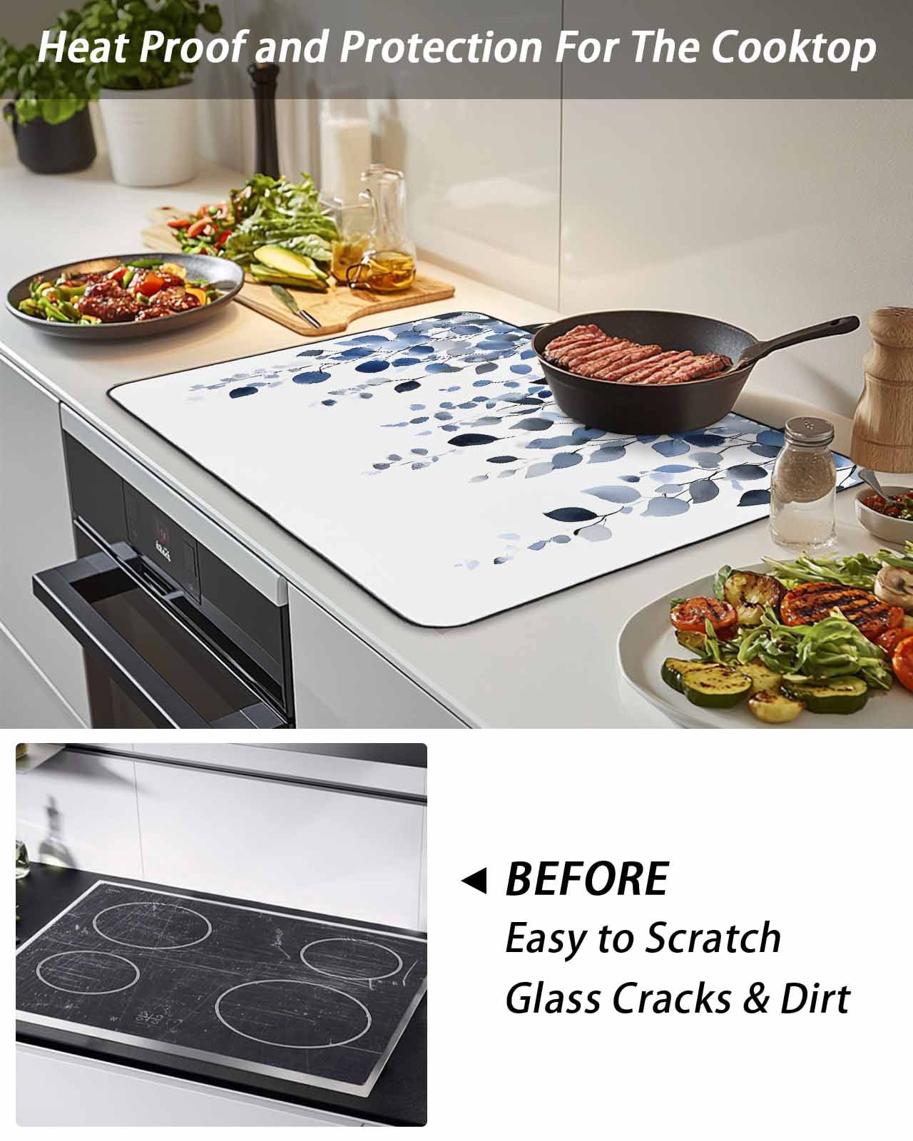 Stove Top Covers for Electric Stove, Blue Eucalyptus Leaves Glass Stovetop Cover Protector, Summer Botanical Watercolor Induction Cooktop Protector Oven Mat for Kitchen Countertop 24"x21"