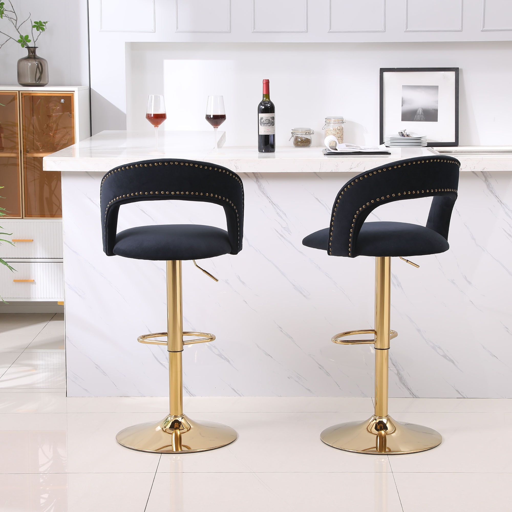 YYAo Swivel Bar Stools Chair Set of 2, Modern Adjustable Counter Height Bar Stools, Velvet Upholstered Stool with Back& Footrest for Kitchen, Black YYAo Swivel Bar Stools Chair Set of 2, Modern Adjustable Counter Height Bar Stools, Velvet Upholstered Stool with Back& Footrest for Kitchen, Black