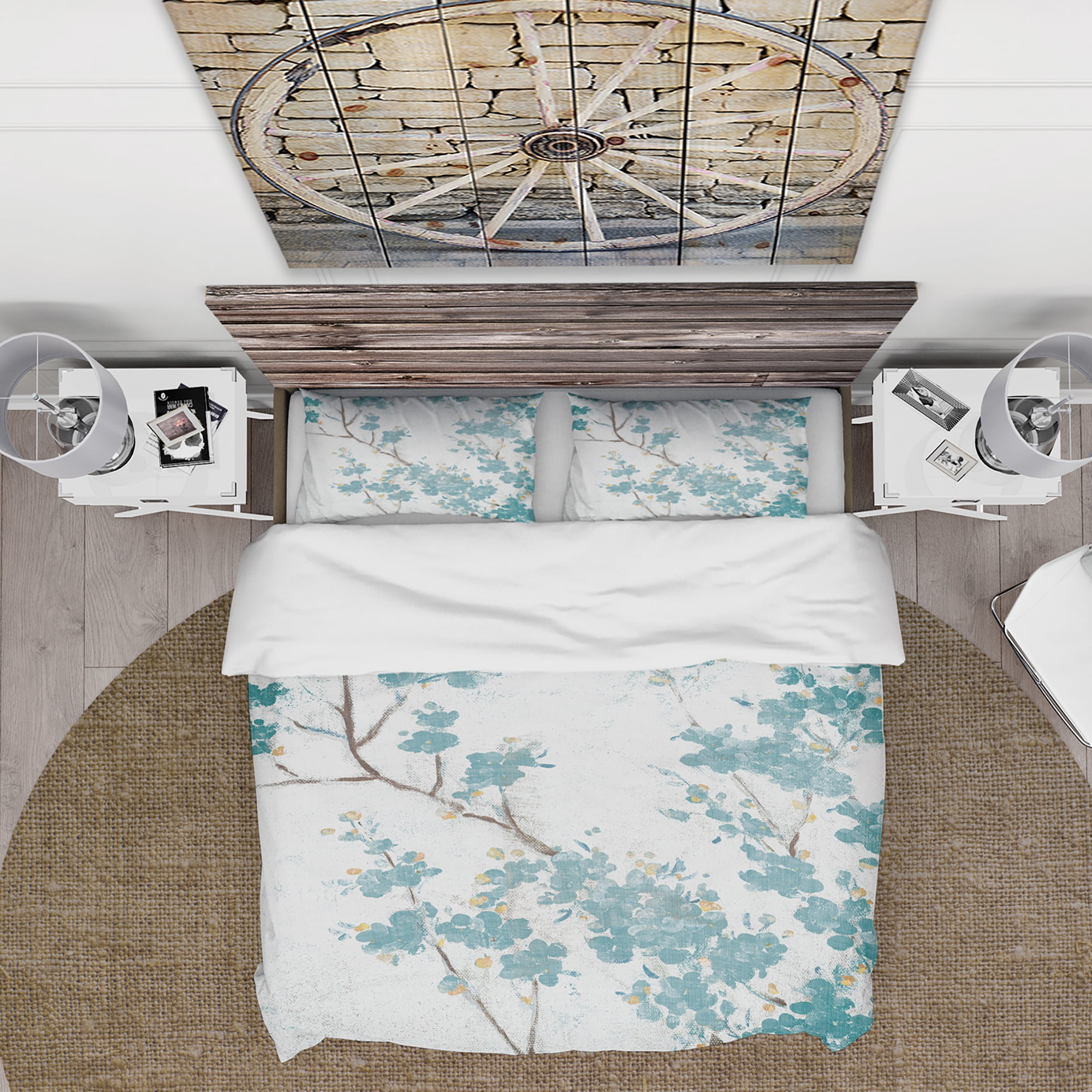 Designart 'Teal Cherry Blossoms II' Farmhouse Duvet Cover Set
