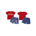 thumbnail image 3 of Aojekbee Boys Memorial Day Outfits Letter Print Short Sleeves T-Shirt and Elastic Ripped Denim Shorts Set for 2 Piece Clothes, 3 of 10
