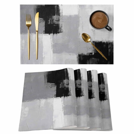Placemats Set of 4 Black Grey Woven Placemat Linen Place Mats for Kitchen/Dining Tables Abstract Geometric Color Block Oil Painting Washable Table Mats for Party