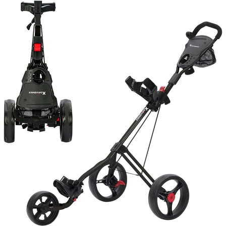 XDriveMax Lightweight 3-Wheel Golf Push Cart | Folding Pull Cart with Cup Holders, Scorecard Holders, and Storage - Perfect for Golf Clubs and Bags