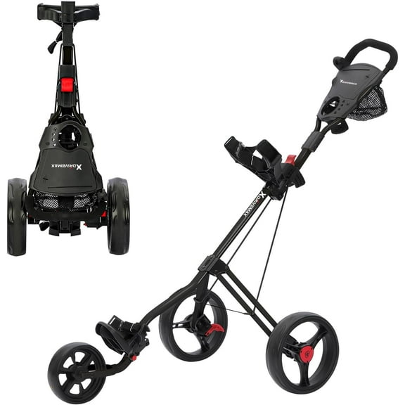 XDriveMax Lightweight 3-Wheel Golf Push Cart | Folding Pull Cart with Cup Holders, Scorecard Holders, and Storage - Perfect for Golf Clubs and Bags