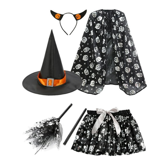 WIBACKER 5-Pieces Girls Halloween Skeleton Costume Set 2-8Y Kids Tutu Skirt with Cape, Headband, Witch Broom and Hat, Toddler Dress Up Gift