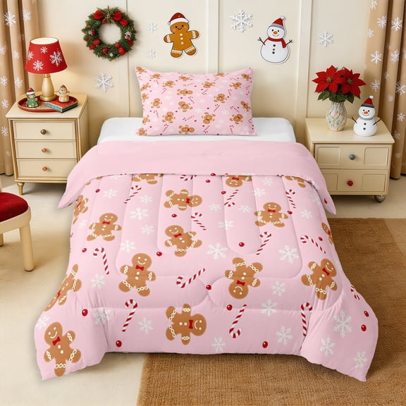 Erosebridal Cute Gingerbread Man Twin Comforter Sets 2pcs,Merry Christmas Bedding Set,Pink,Reversible,1 Comforter and 1 Pillowcase